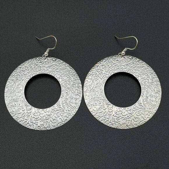 Silver Cut Out Round Floral Embossed Textured Open Hoop Dangling Hook Earrings - Picture 2 of 8